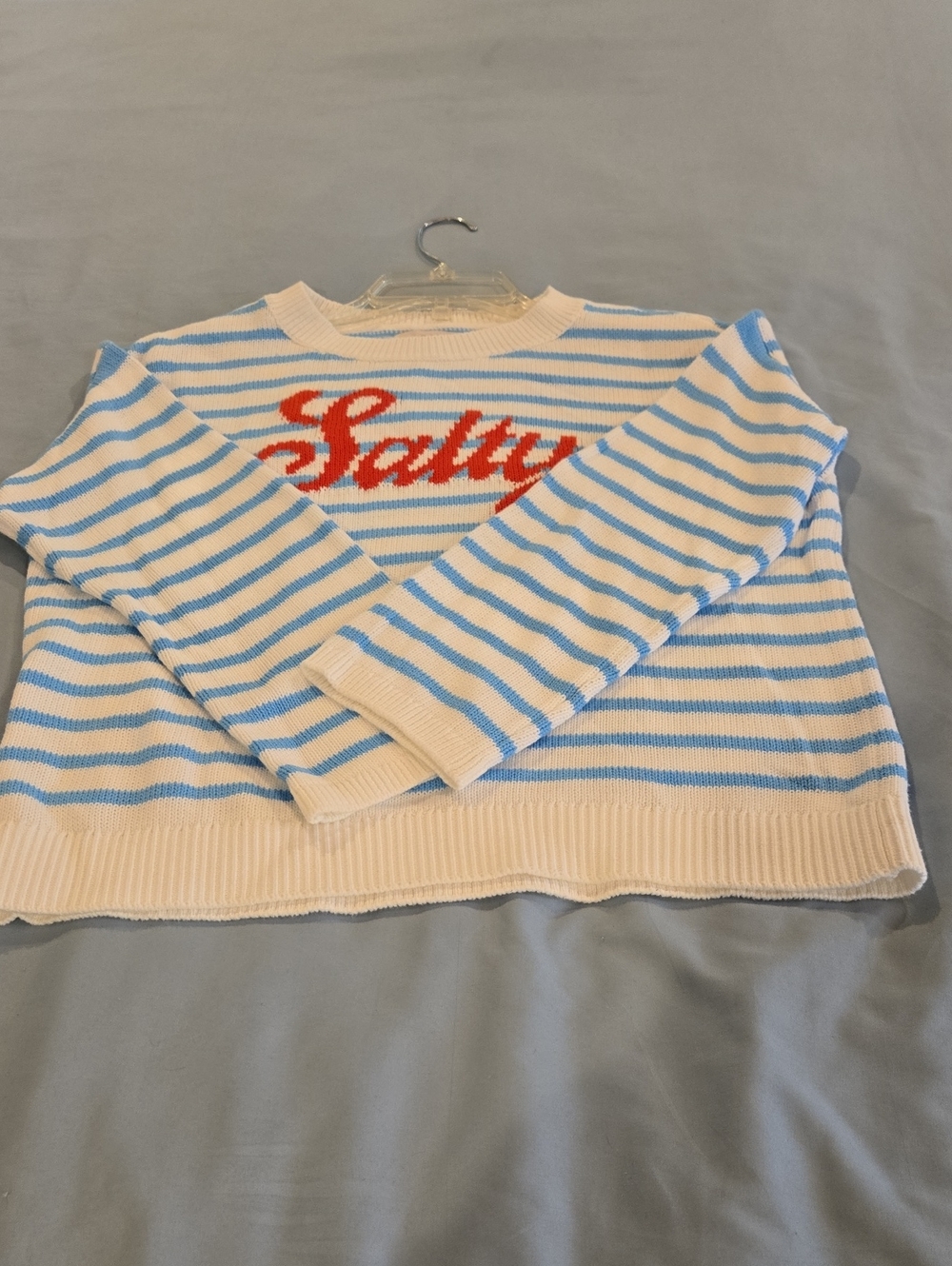 LOFT Blue and White Striped Sweater with Embroidered Red 'Salty' Script - Picture 8 of 8